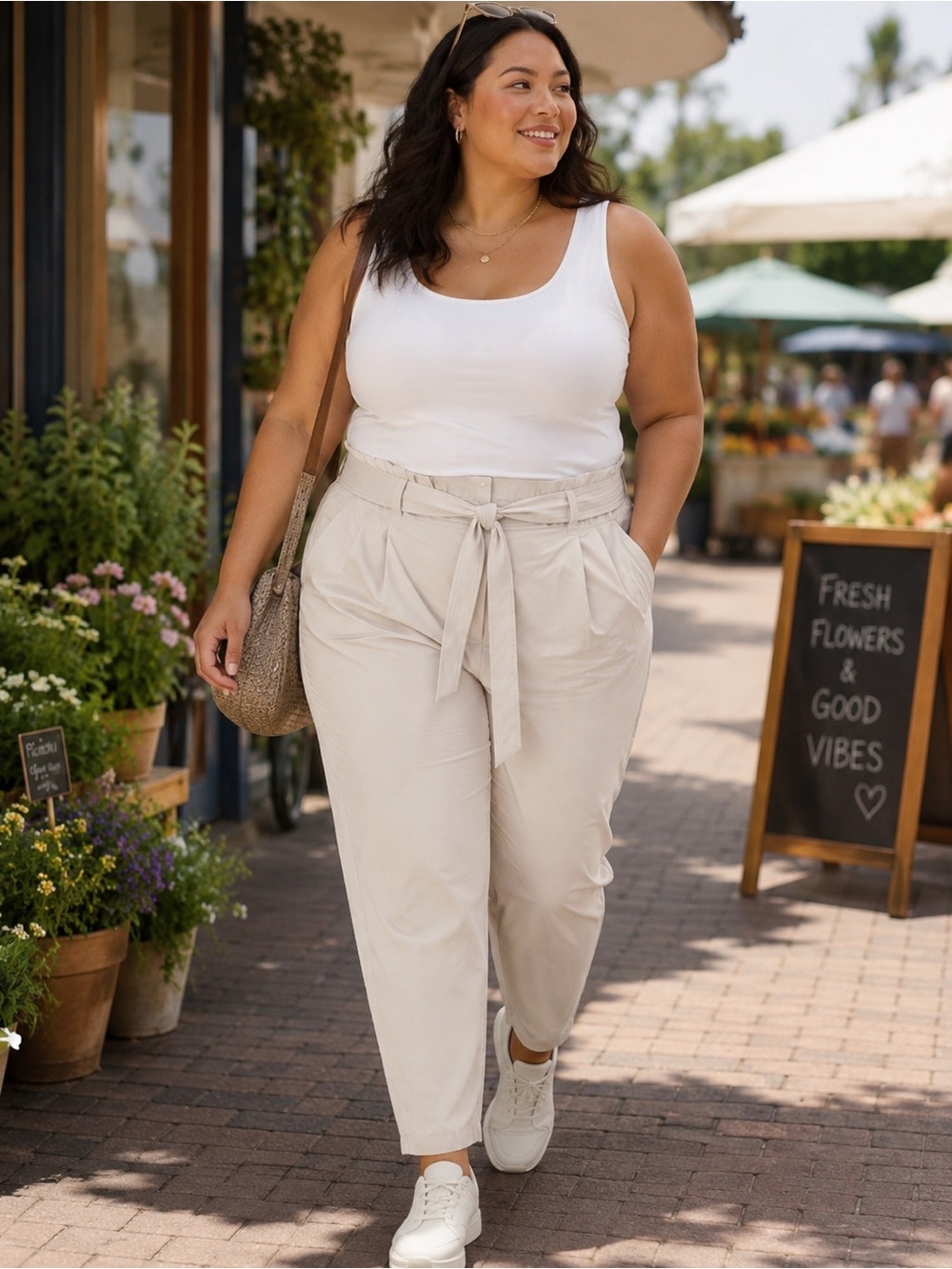 Athleta Beige High-Waist Paperbag Trousers